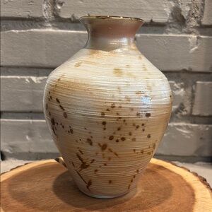 Signed &‎ Dated Studio Art Pottery Vase with Brown Metallic Accents